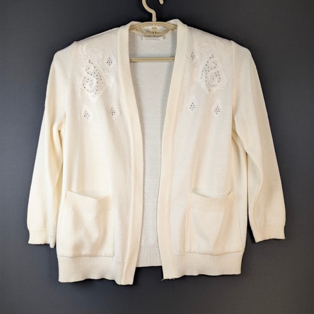 VTG Philippe Marques Cardigan 6P White Embroidered Bling Granny Core Grandma USA